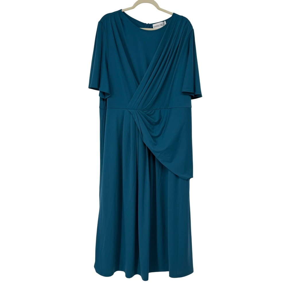 Hanna Nikole's 22W Teal Blue‎ Asymmetric Draped Flutter Sleeve Midi Dress NWT